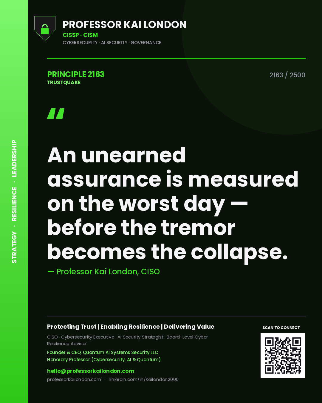 Professor Kai London principle 2163: An unearned assurance is measured on the worst day — before the tremor becomes the collapse.