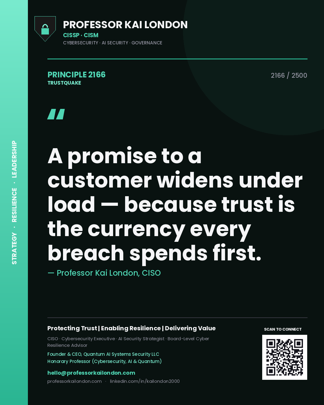 Professor Kai London principle 2166: A promise to a customer widens under load — because trust is the currency every breach spends first.