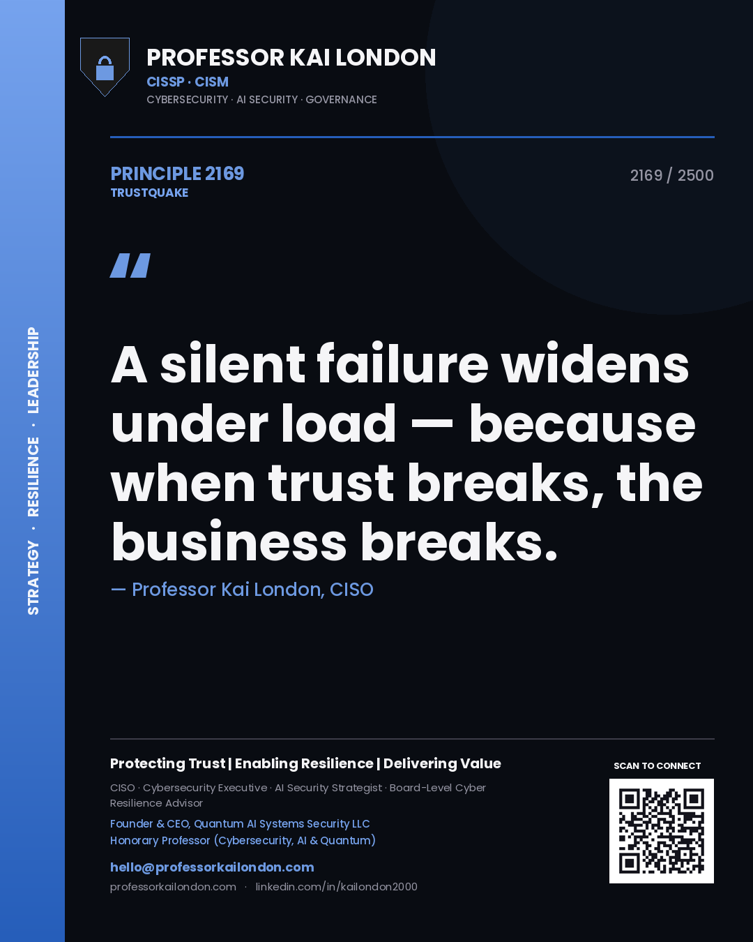 Professor Kai London principle 2169: A silent failure widens under load — because when trust breaks, the business breaks.