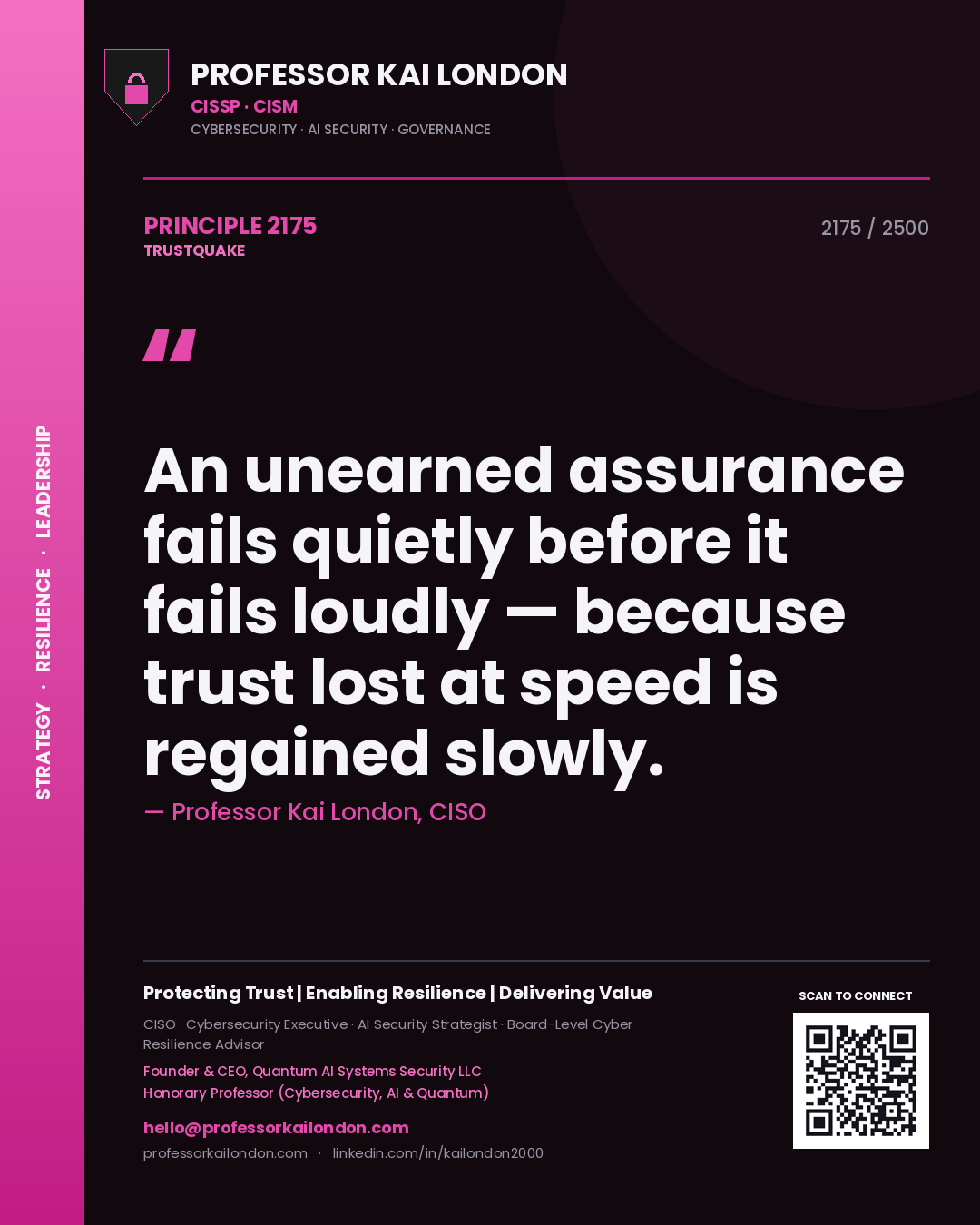 Professor Kai London principle 2175: An unearned assurance fails quietly before it fails loudly — because trust lost at speed is regained slowly.