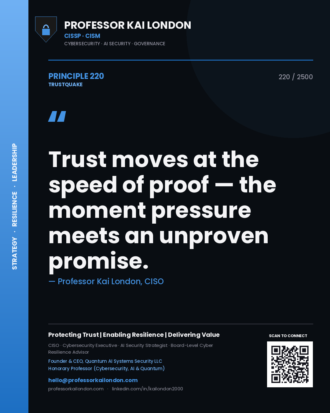 Professor Kai London principle 220: Trust moves at the speed of proof — the moment pressure meets an unproven promise.