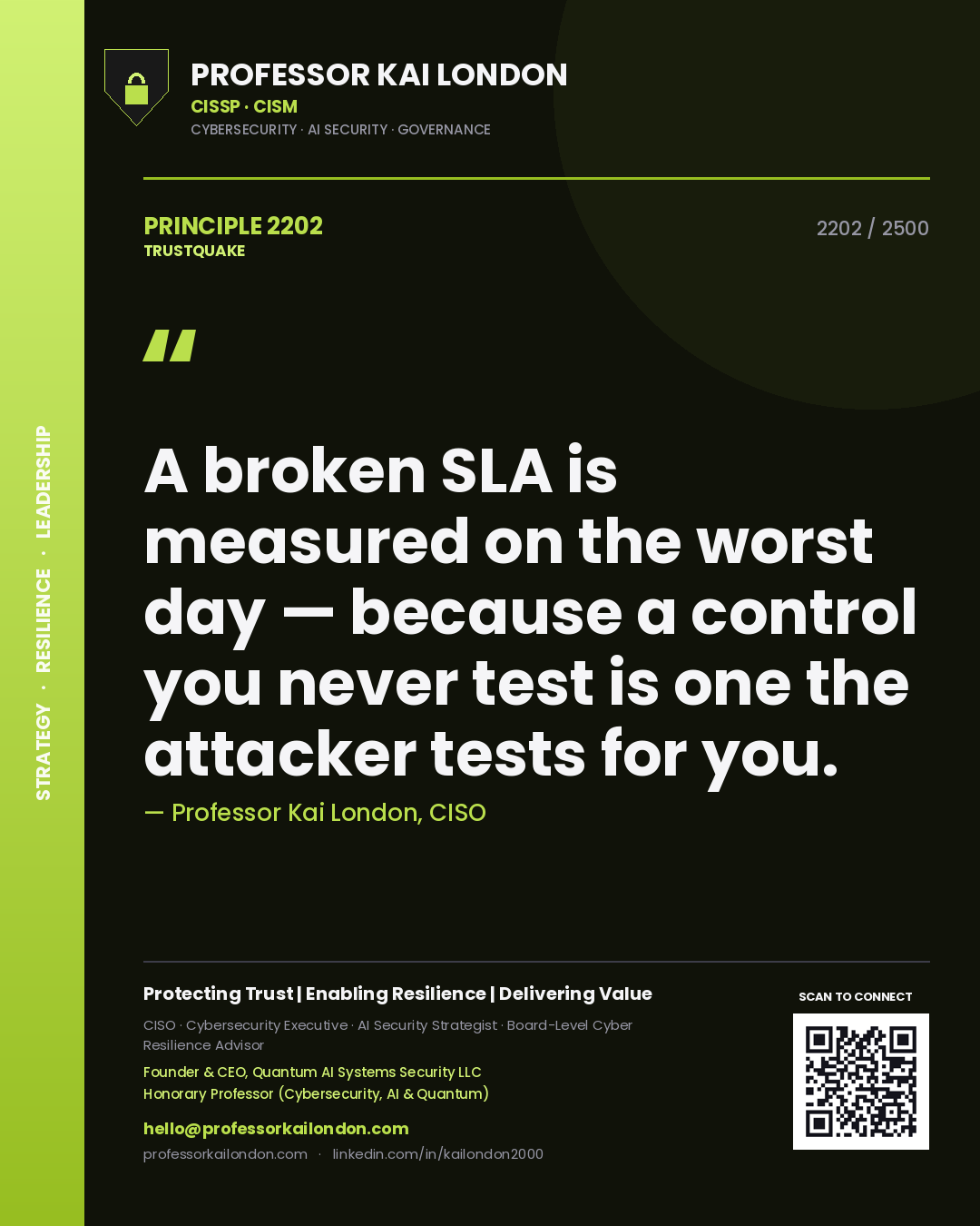 Professor Kai London principle 2202: A broken SLA is measured on the worst day — because a control you never test is one the attacker tests for you.