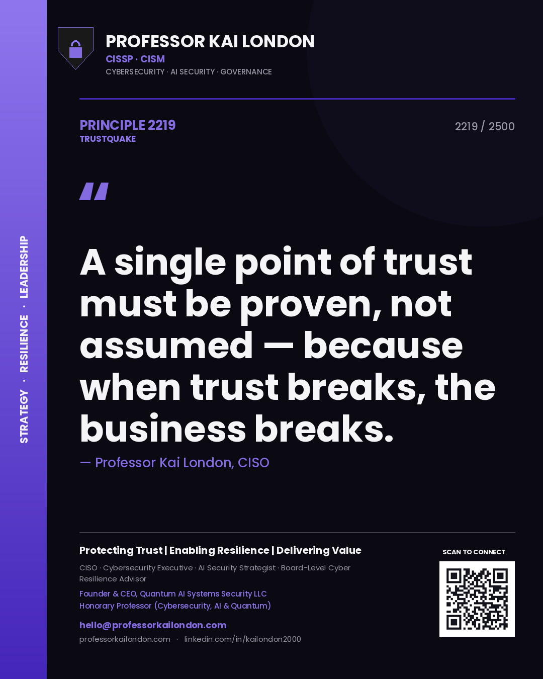 Professor Kai London principle 2219: A single point of trust must be proven, not assumed — because when trust breaks, the business breaks.