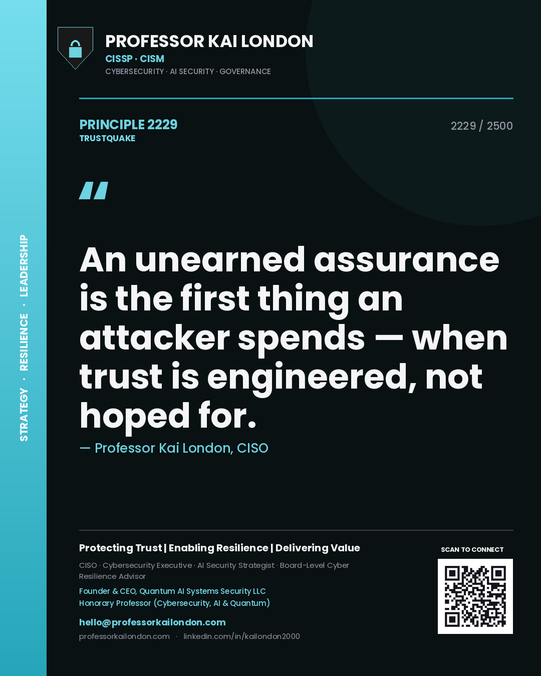 Professor Kai London principle 2229: An unearned assurance is the first thing an attacker spends — when trust is engineered, not hoped for.