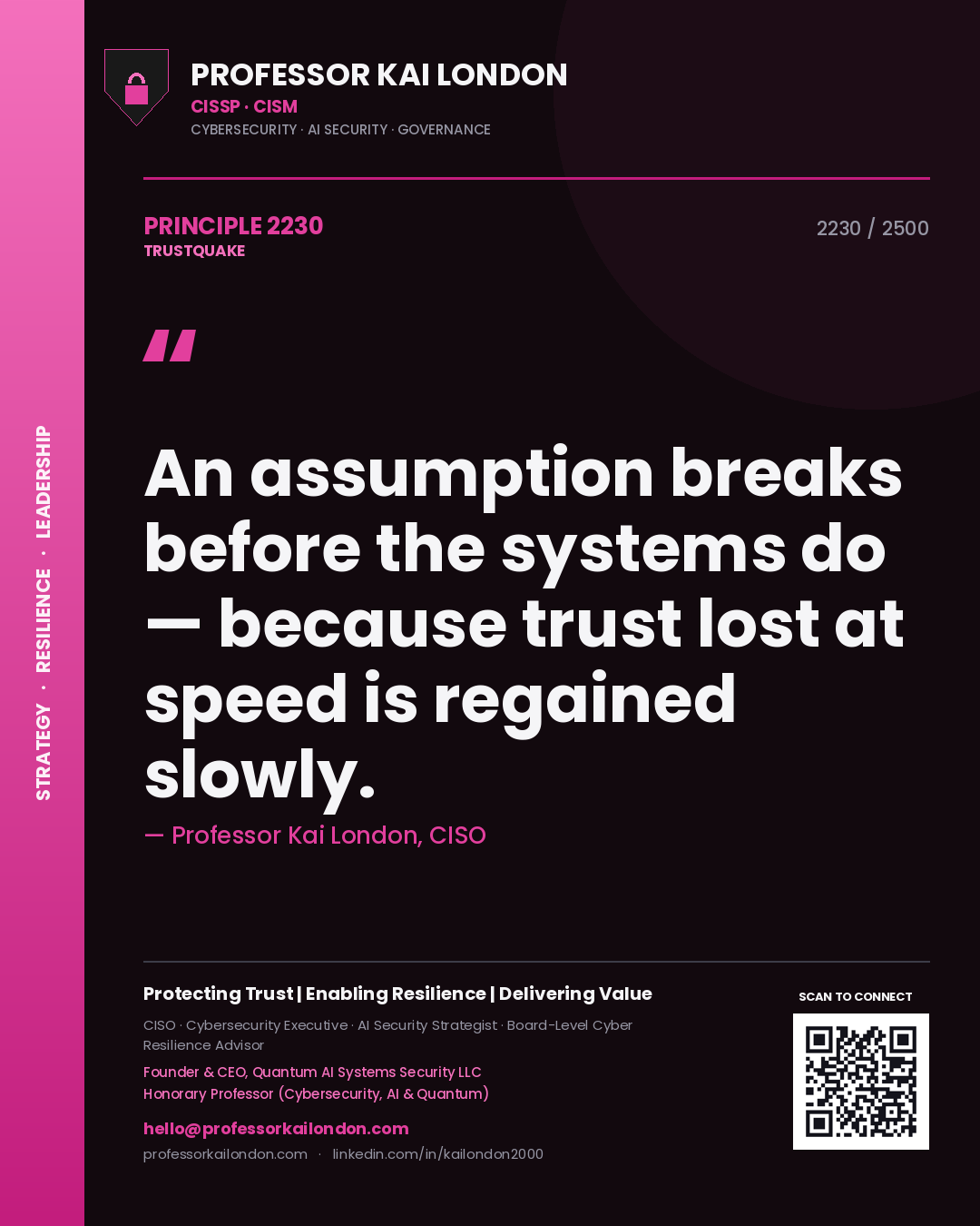 Professor Kai London principle 2230: An assumption breaks before the systems do — because trust lost at speed is regained slowly.