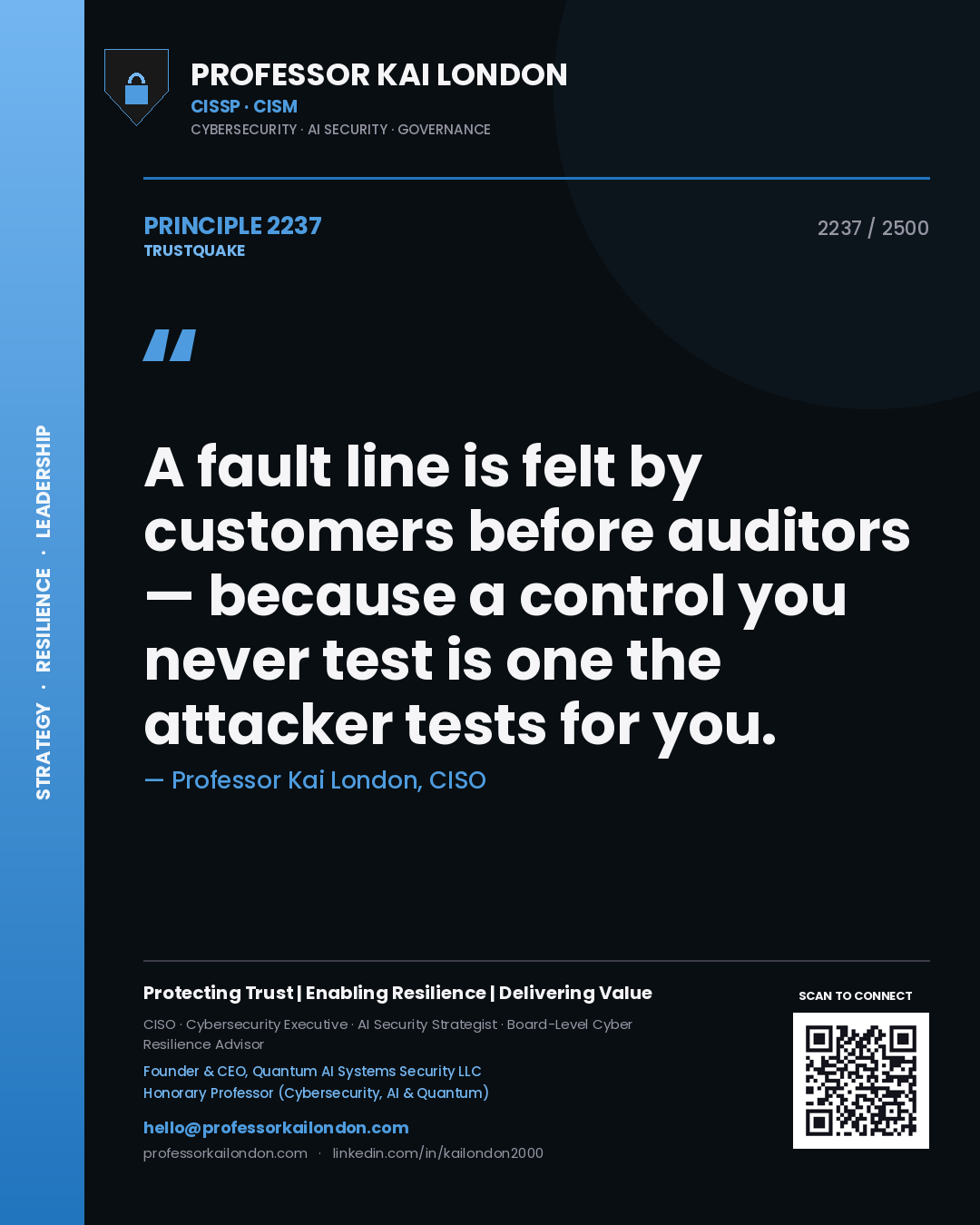 Professor Kai London principle 2237: A fault line is felt by customers before auditors — because a control you never test is one the attacker tests for you.