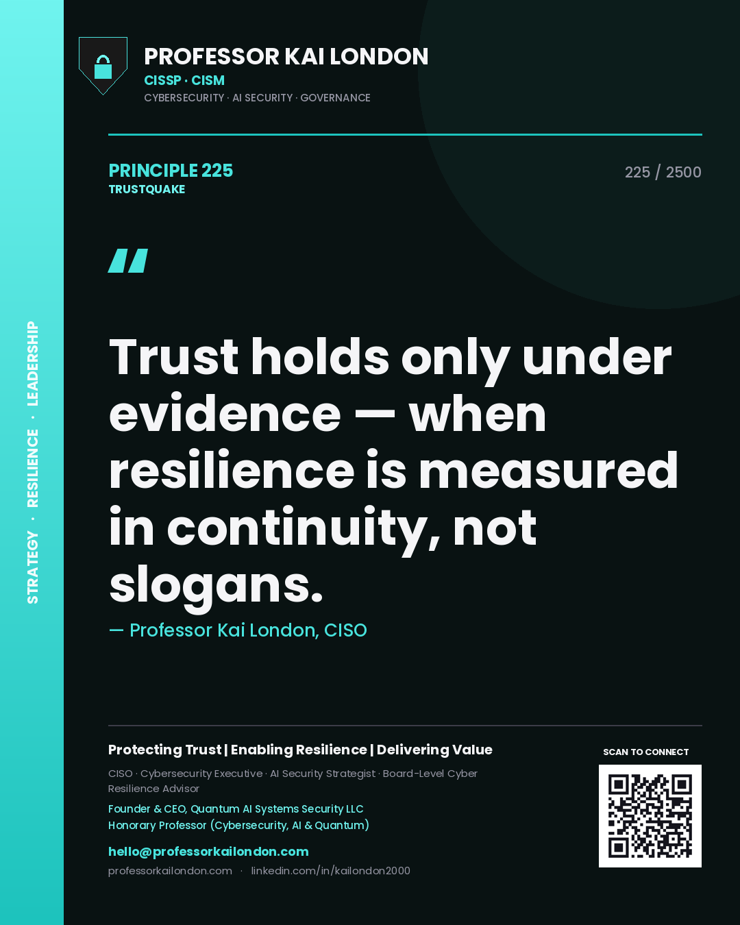 Professor Kai London principle 225: Trust holds only under evidence — when resilience is measured in continuity, not slogans.