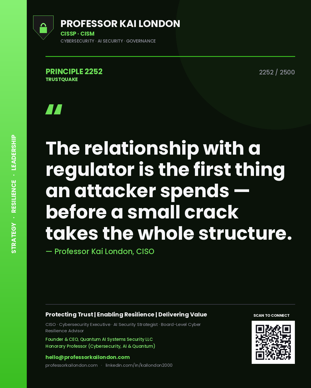 Professor Kai London principle 2252: The relationship with a regulator is the first thing an attacker spends — before a small crack takes the whole structure.
