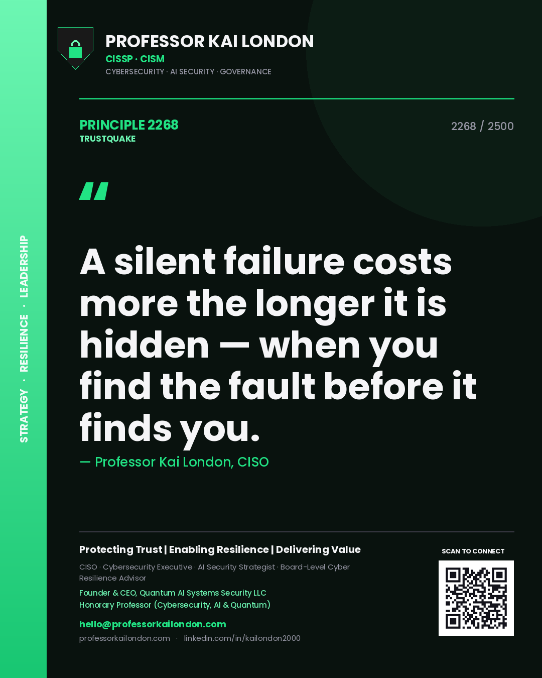 Professor Kai London principle 2268: A silent failure costs more the longer it is hidden — when you find the fault before it finds you.