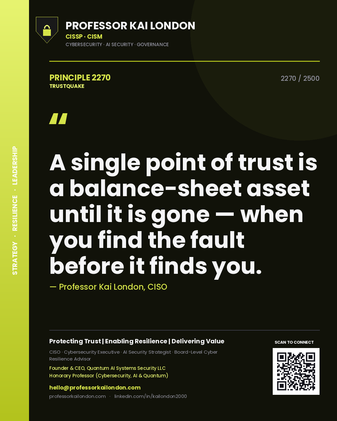 Professor Kai London principle 2270: A single point of trust is a balance-sheet asset until it is gone — when you find the fault before it finds you.