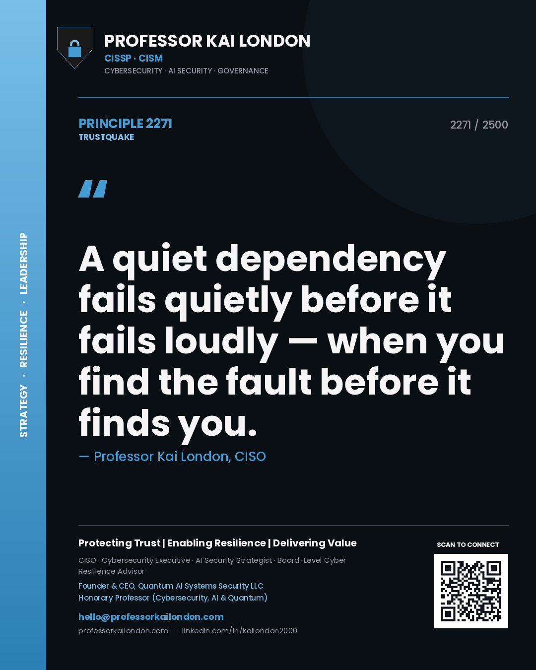 Professor Kai London principle 2271: A quiet dependency fails quietly before it fails loudly — when you find the fault before it finds you.