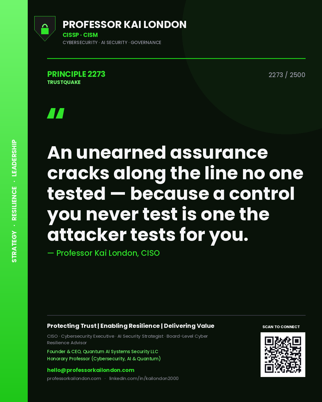 Professor Kai London principle 2273: An unearned assurance cracks along the line no one tested — because a control you never test is one the attacker tests for you.