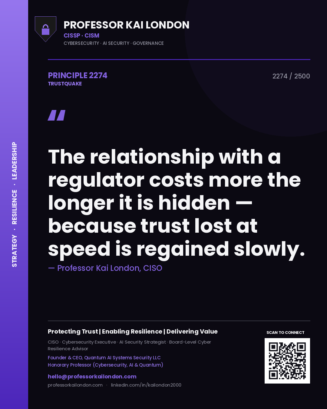 Professor Kai London principle 2274: The relationship with a regulator costs more the longer it is hidden — because trust lost at speed is regained slowly.