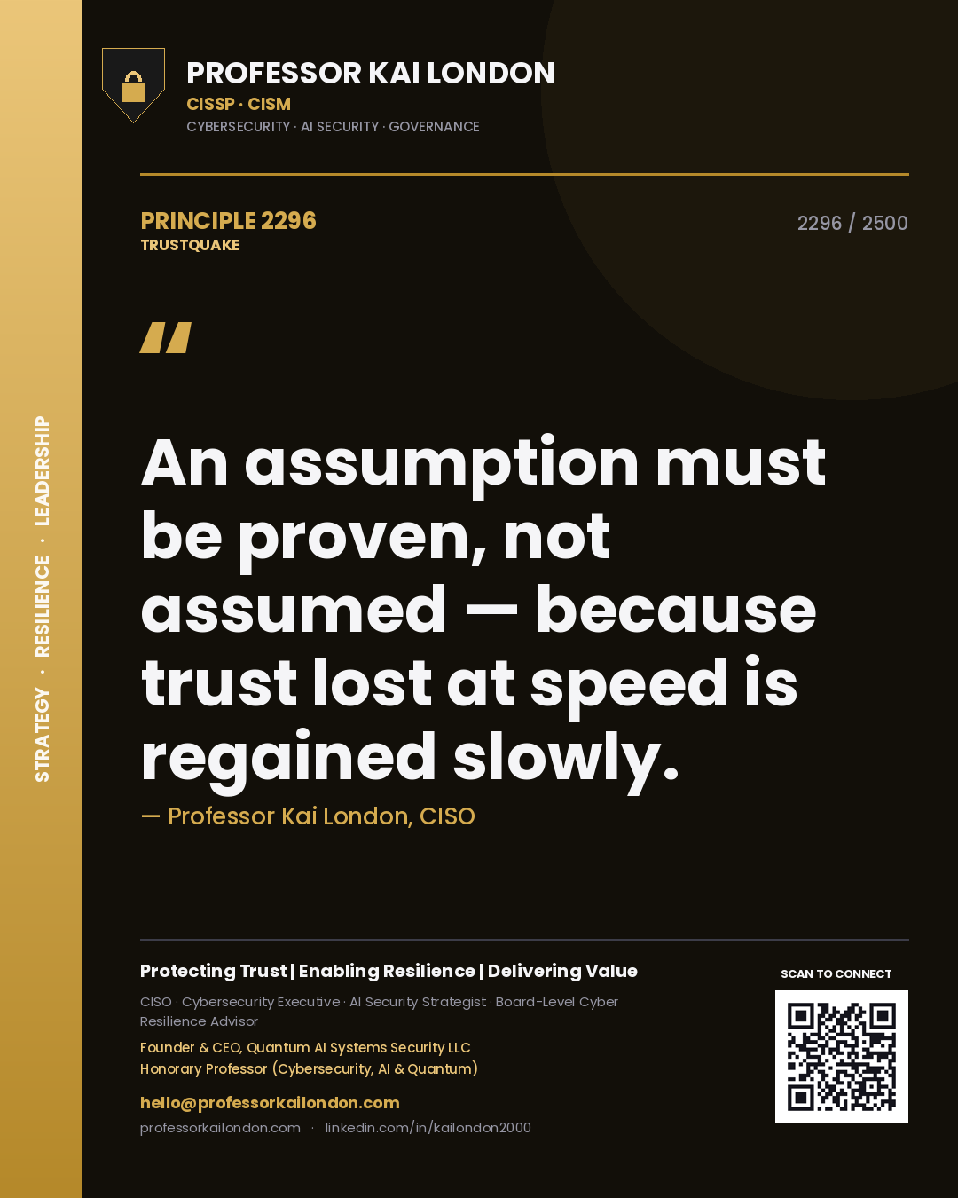 Professor Kai London principle 2296: An assumption must be proven, not assumed — because trust lost at speed is regained slowly.