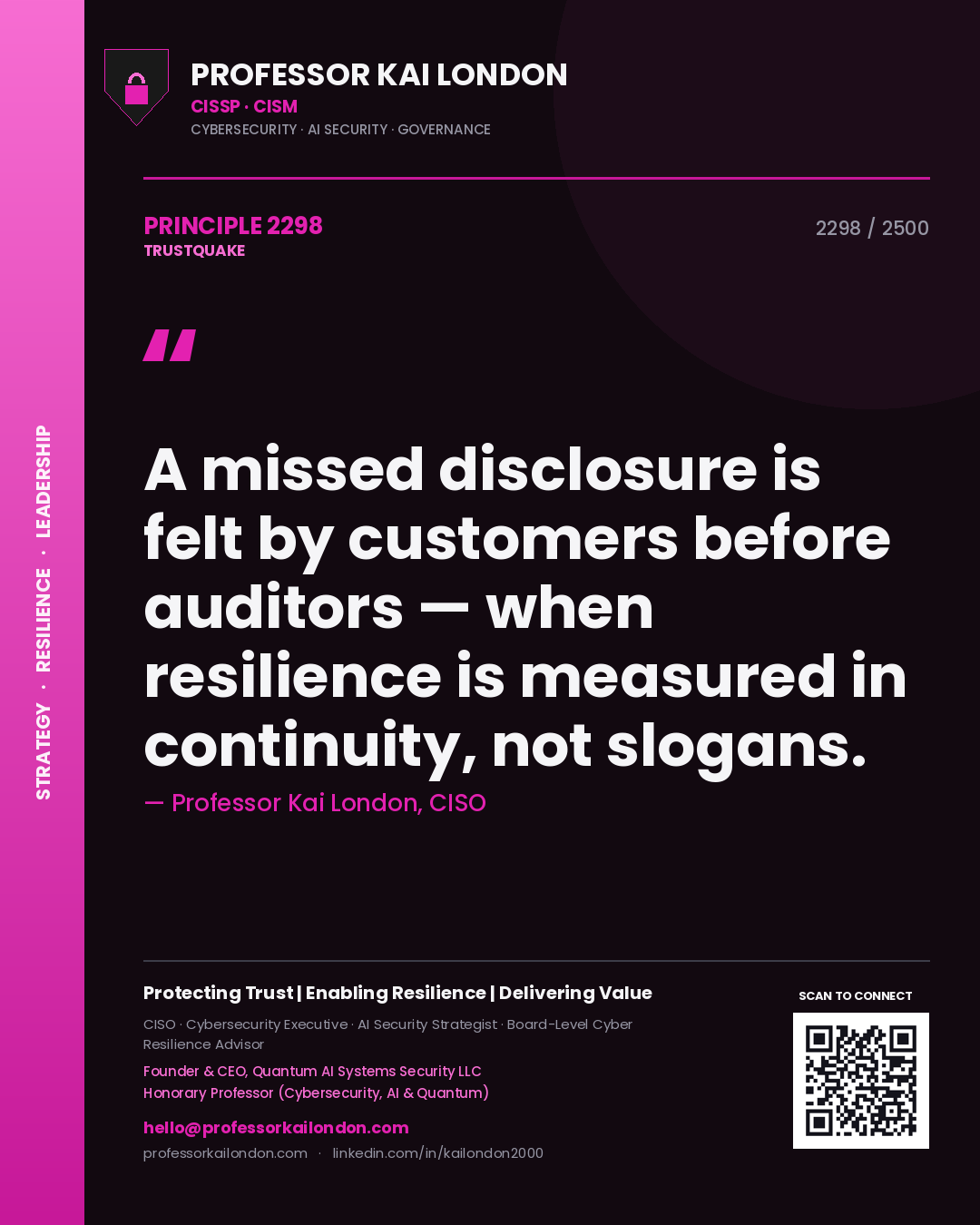 Professor Kai London principle 2298: A missed disclosure is felt by customers before auditors — when resilience is measured in continuity, not slogans.