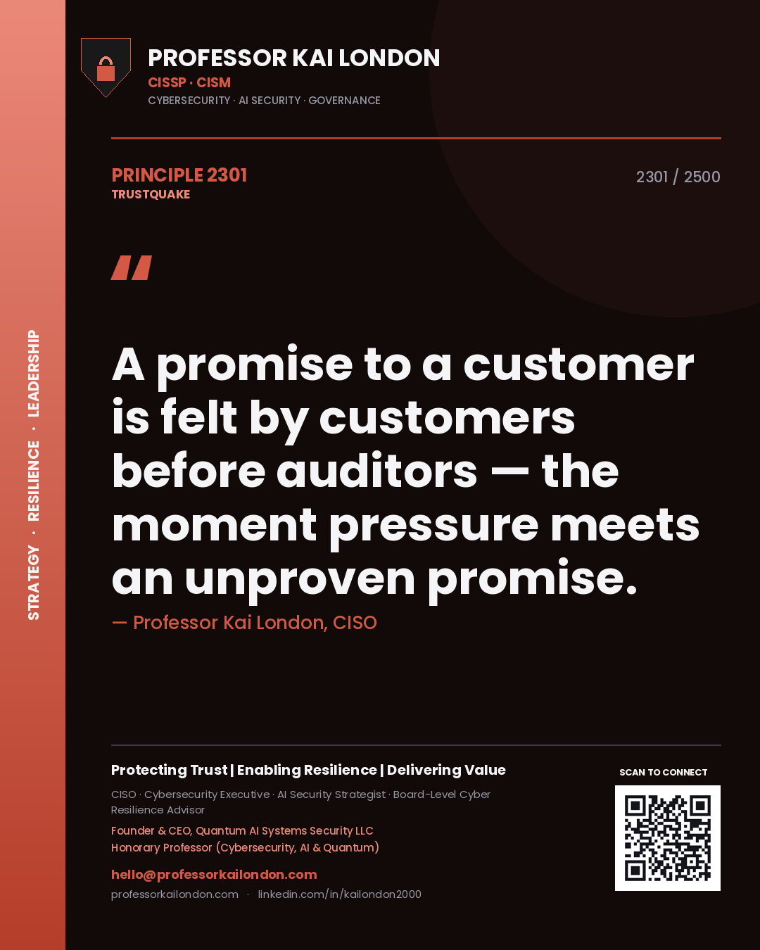 Professor Kai London principle 2301: A promise to a customer is felt by customers before auditors — the moment pressure meets an unproven promise.