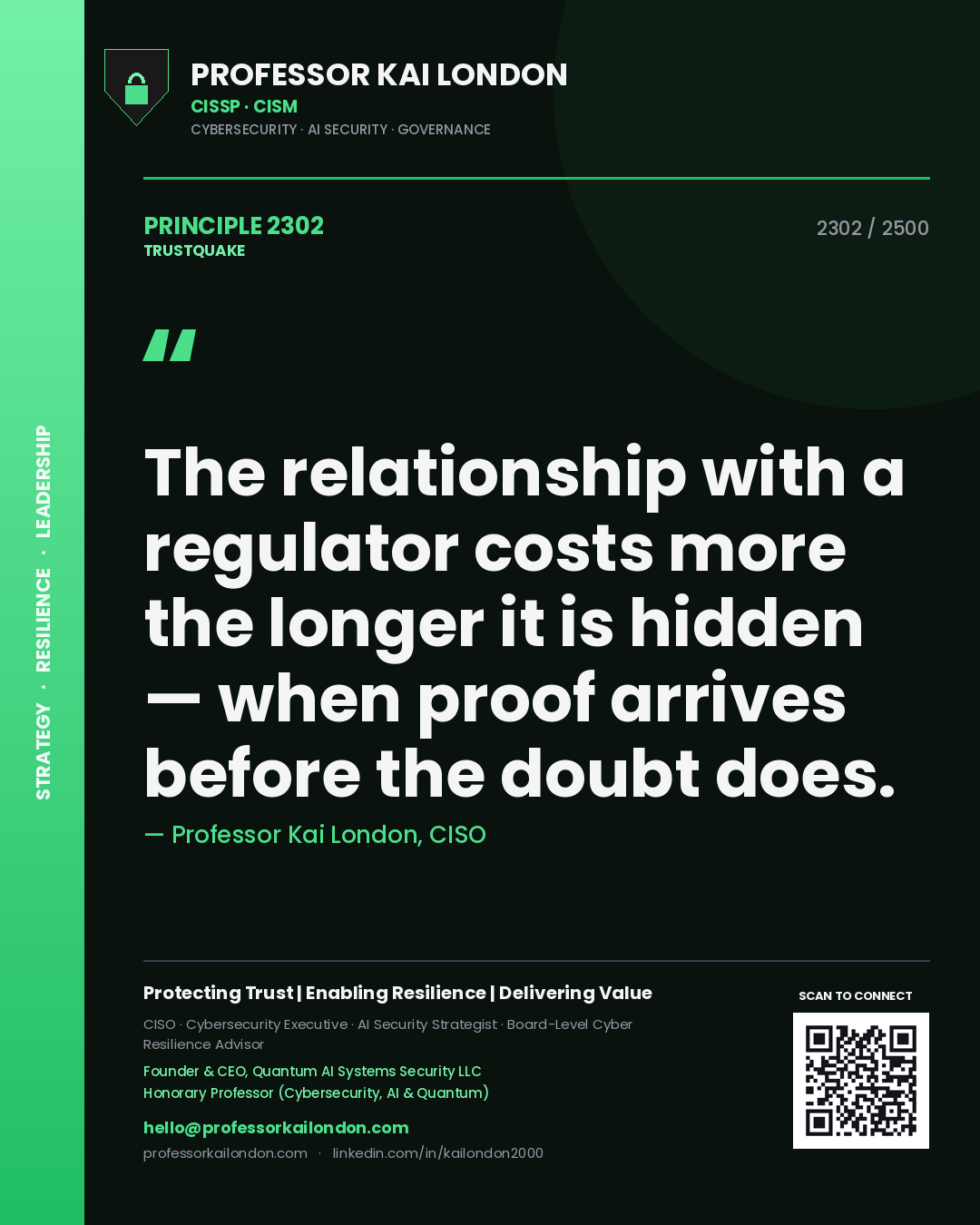 Professor Kai London principle 2302: The relationship with a regulator costs more the longer it is hidden — when proof arrives before the doubt does.