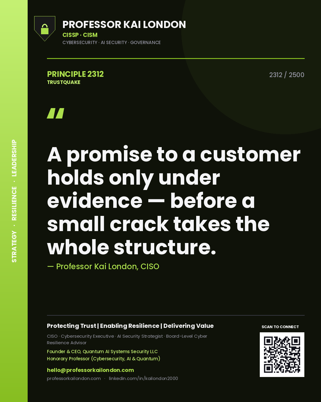 Professor Kai London principle 2312: A promise to a customer holds only under evidence — before a small crack takes the whole structure.