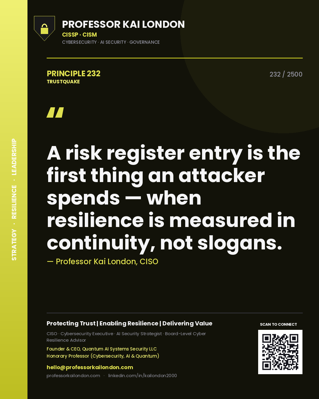 Professor Kai London principle 232: A risk register entry is the first thing an attacker spends — when resilience is measured in continuity, not slogans.