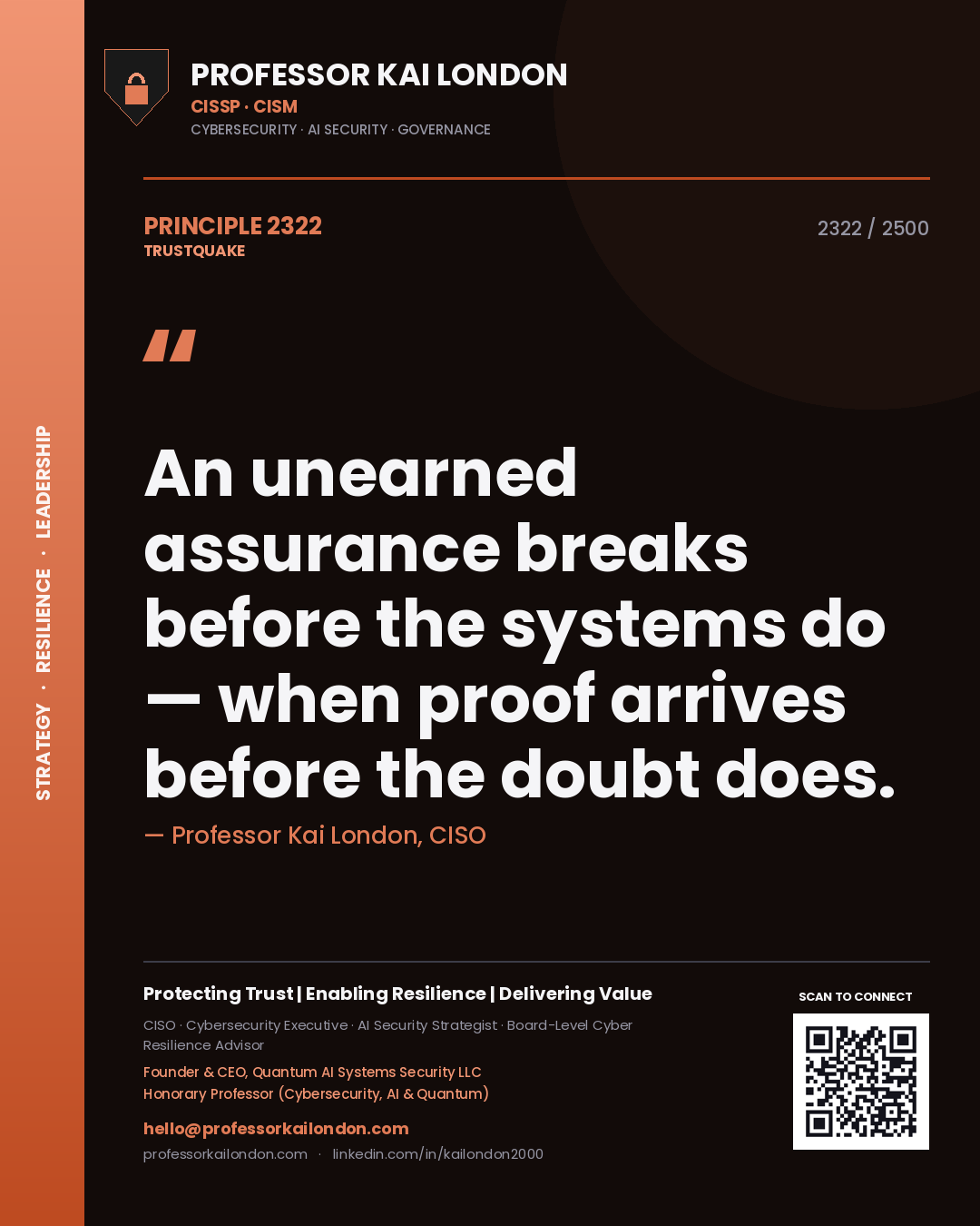 Professor Kai London principle 2322: An unearned assurance breaks before the systems do — when proof arrives before the doubt does.