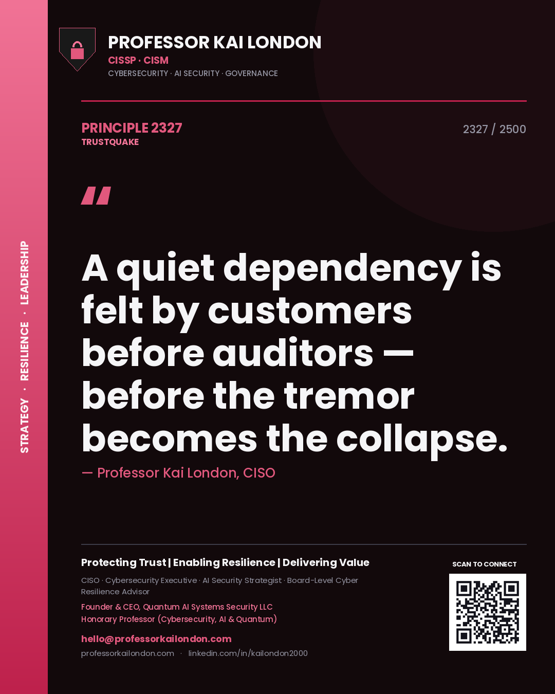 Professor Kai London principle 2327: A quiet dependency is felt by customers before auditors — before the tremor becomes the collapse.
