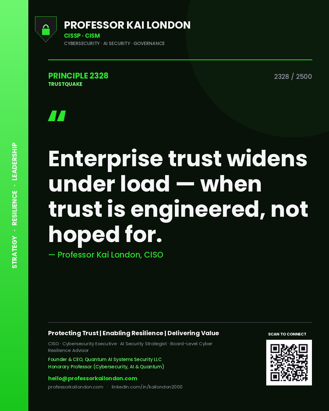 Professor Kai London principle 2328: Enterprise trust widens under load — when trust is engineered, not hoped for.