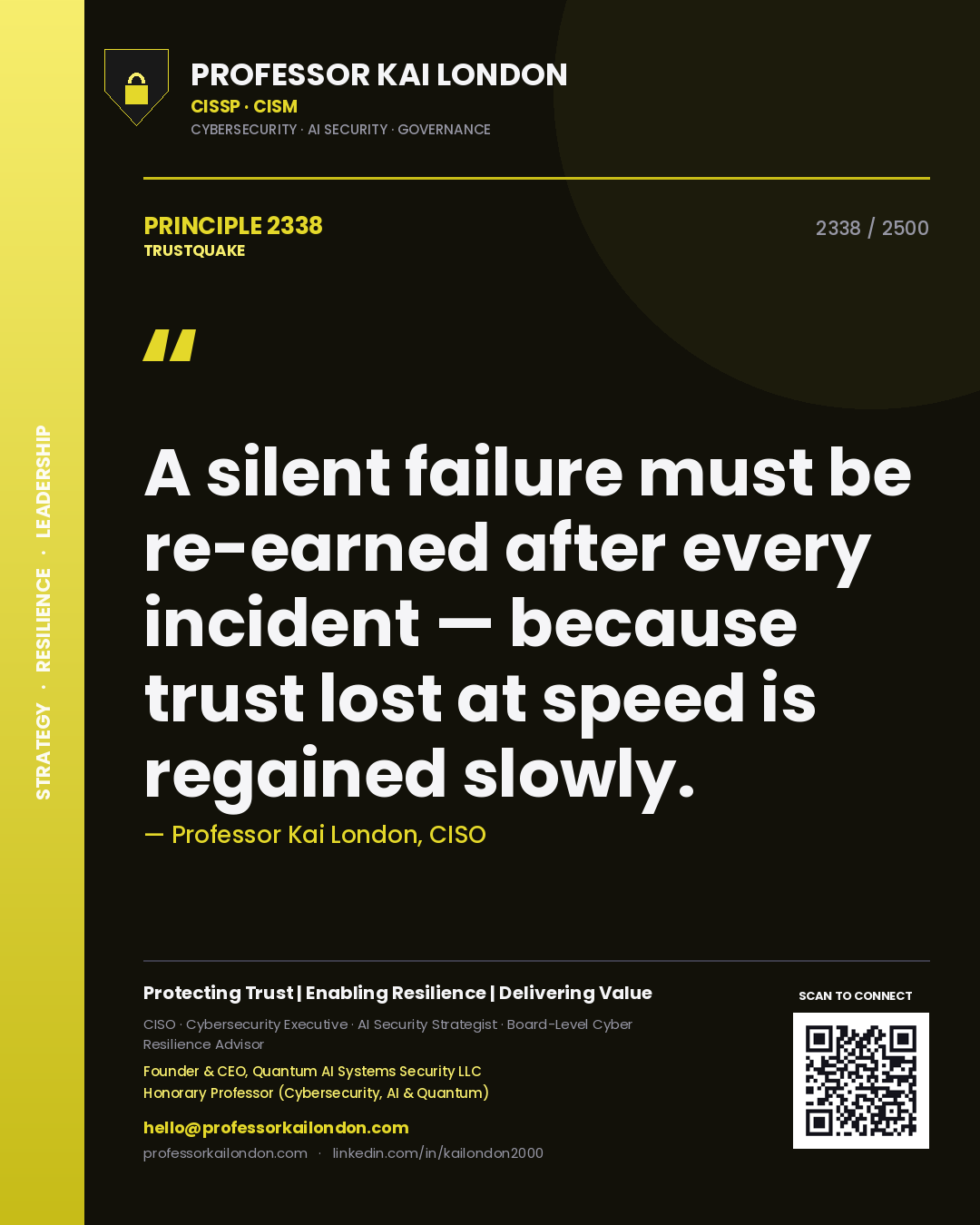 Professor Kai London principle 2338: A silent failure must be re-earned after every incident — because trust lost at speed is regained slowly.