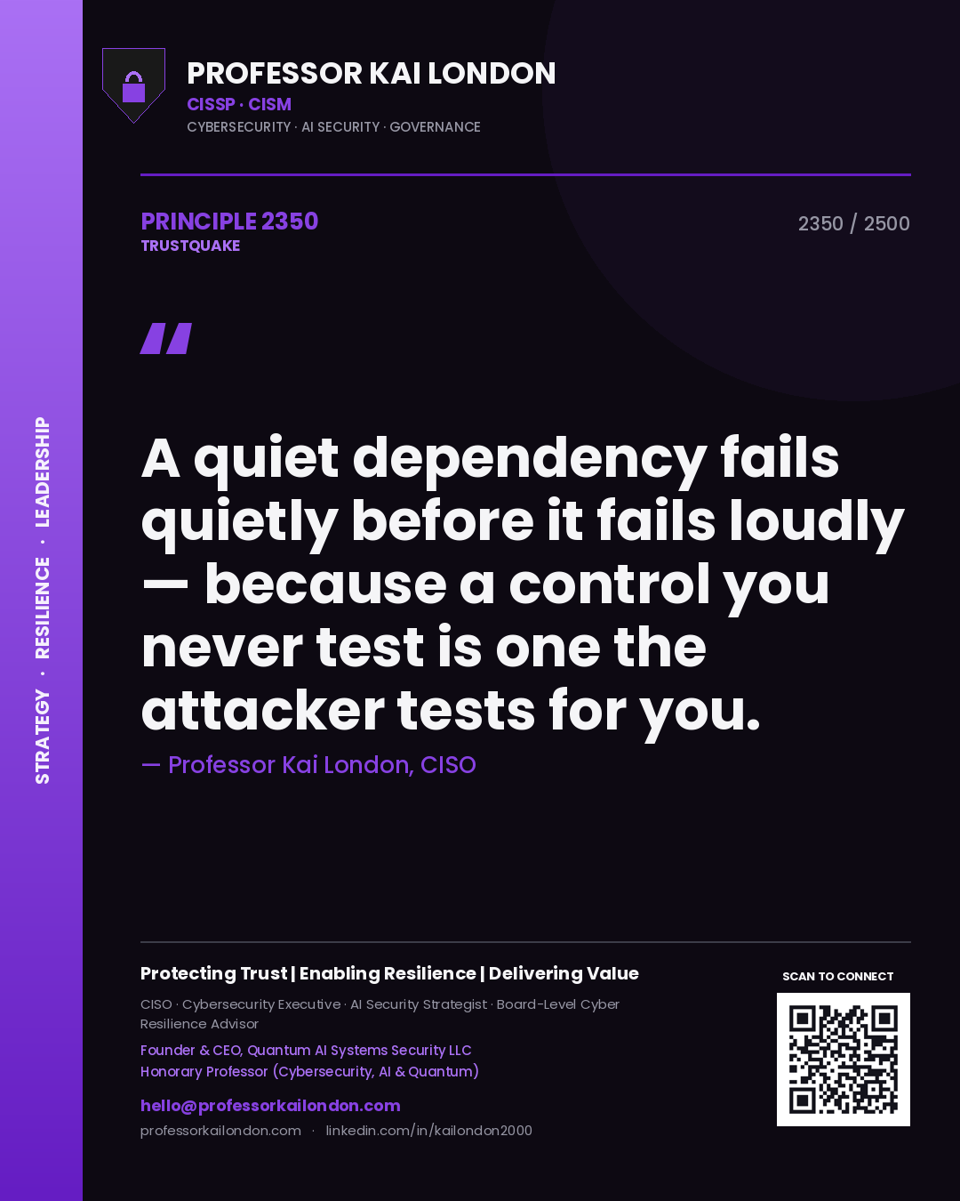 Professor Kai London principle 2350: A quiet dependency fails quietly before it fails loudly — because a control you never test is one the attacker tests for you.