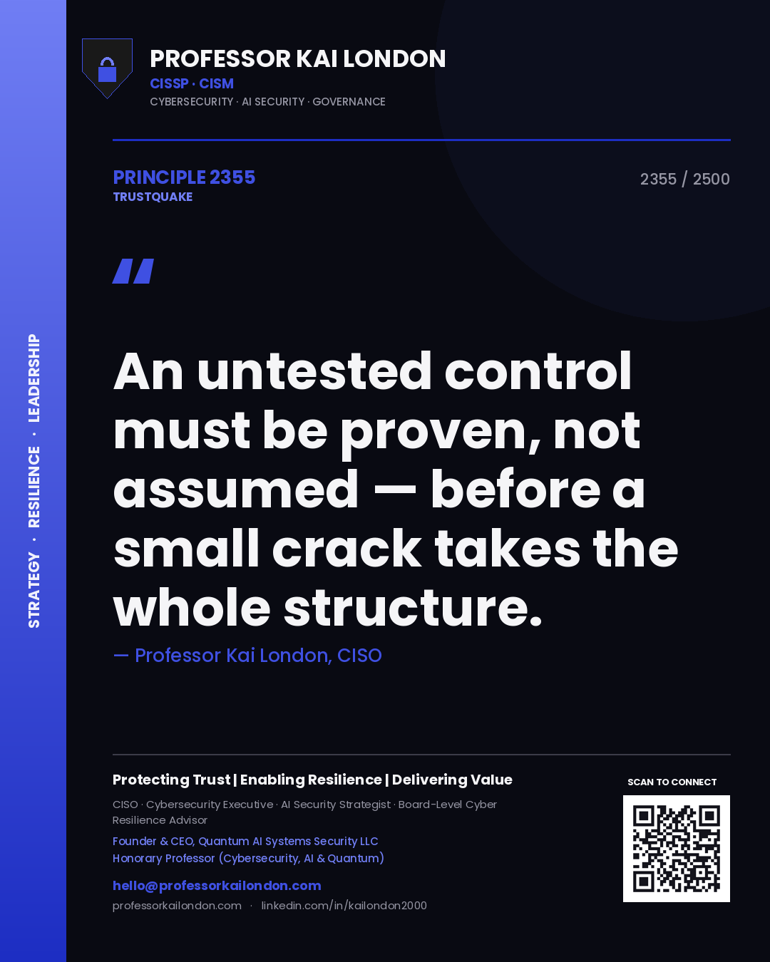 Professor Kai London principle 2355: An untested control must be proven, not assumed — before a small crack takes the whole structure.