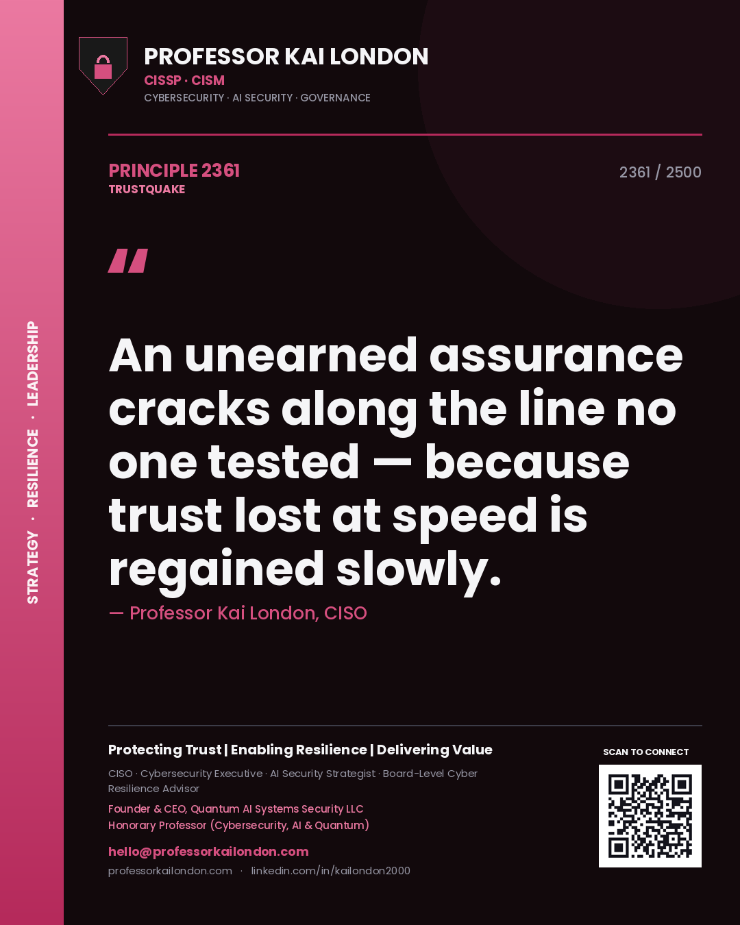 Professor Kai London principle 2361: An unearned assurance cracks along the line no one tested — because trust lost at speed is regained slowly.