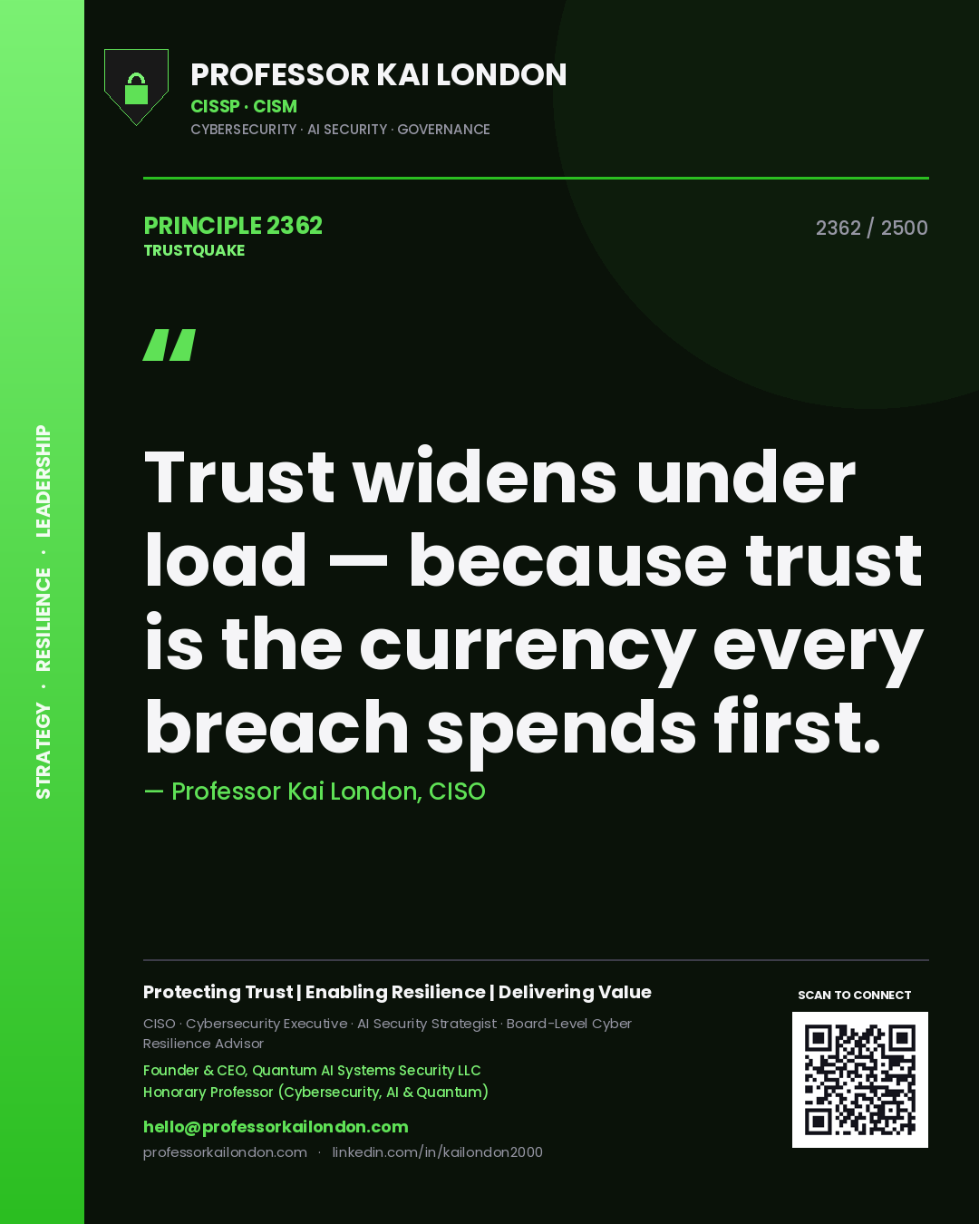 Professor Kai London principle 2362: Trust widens under load — because trust is the currency every breach spends first.