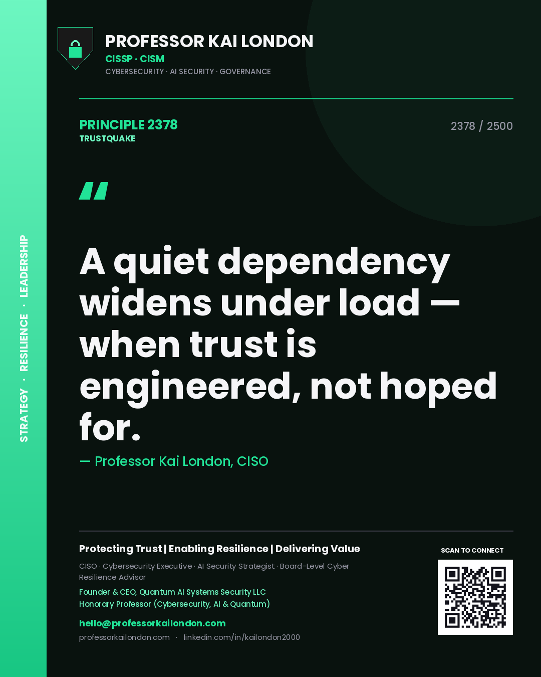 Professor Kai London principle 2378: A quiet dependency widens under load — when trust is engineered, not hoped for.