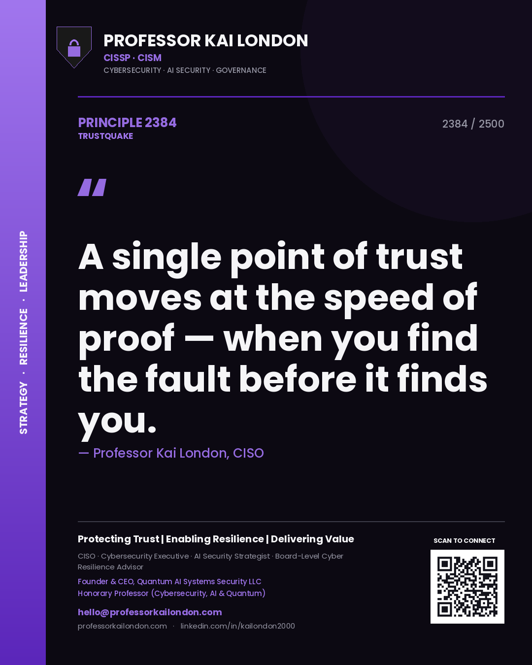 Professor Kai London principle 2384: A single point of trust moves at the speed of proof — when you find the fault before it finds you.