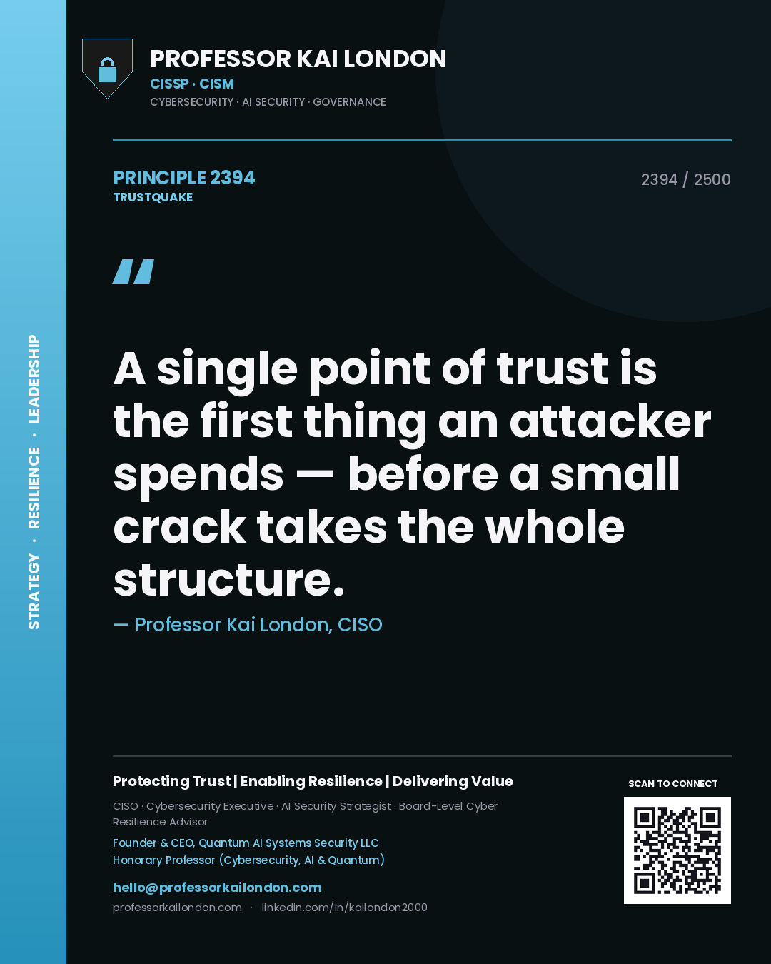 Professor Kai London principle 2394: A single point of trust is the first thing an attacker spends — before a small crack takes the whole structure.