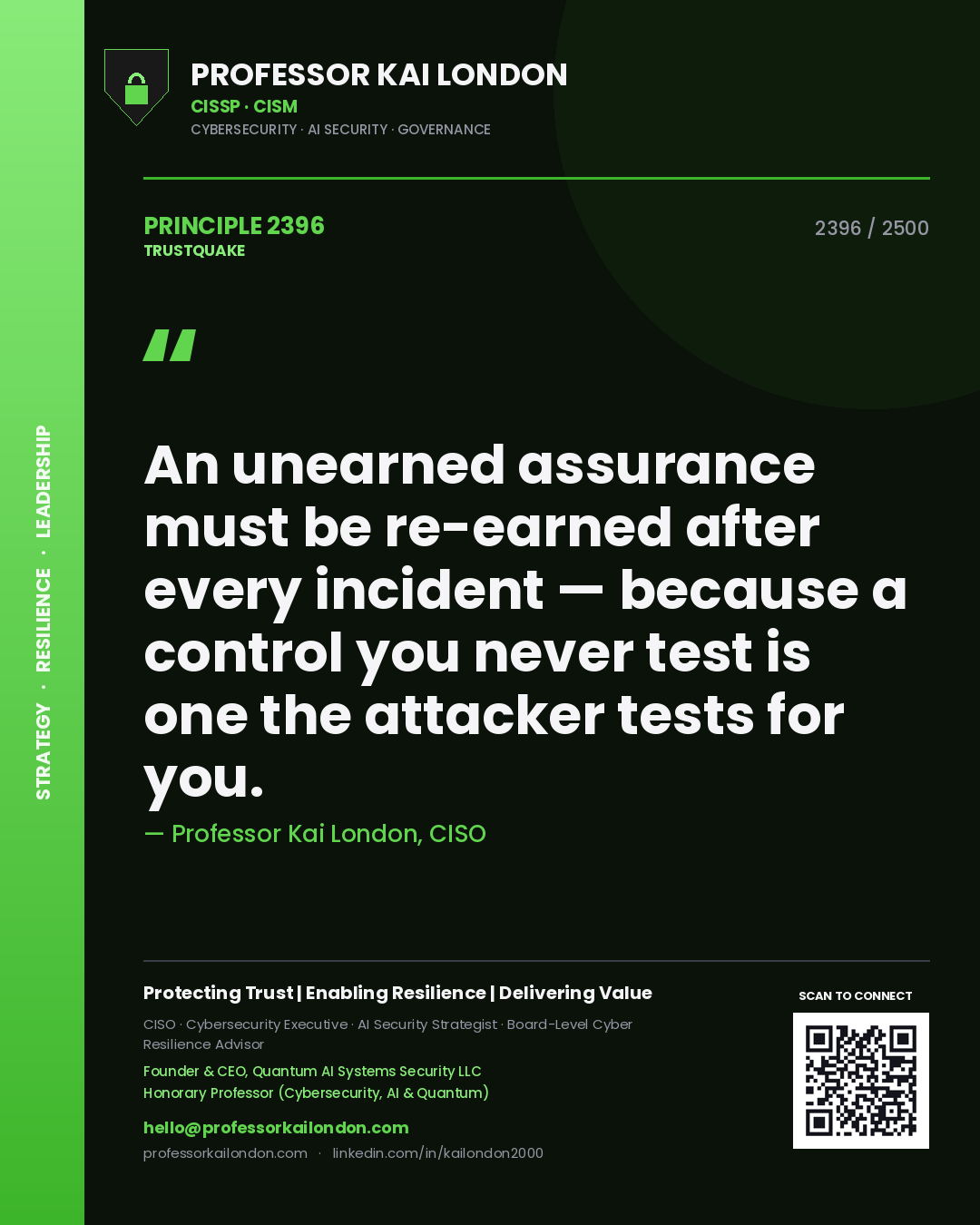Professor Kai London principle 2396: An unearned assurance must be re-earned after every incident — because a control you never test is one the attacker tests for you.
