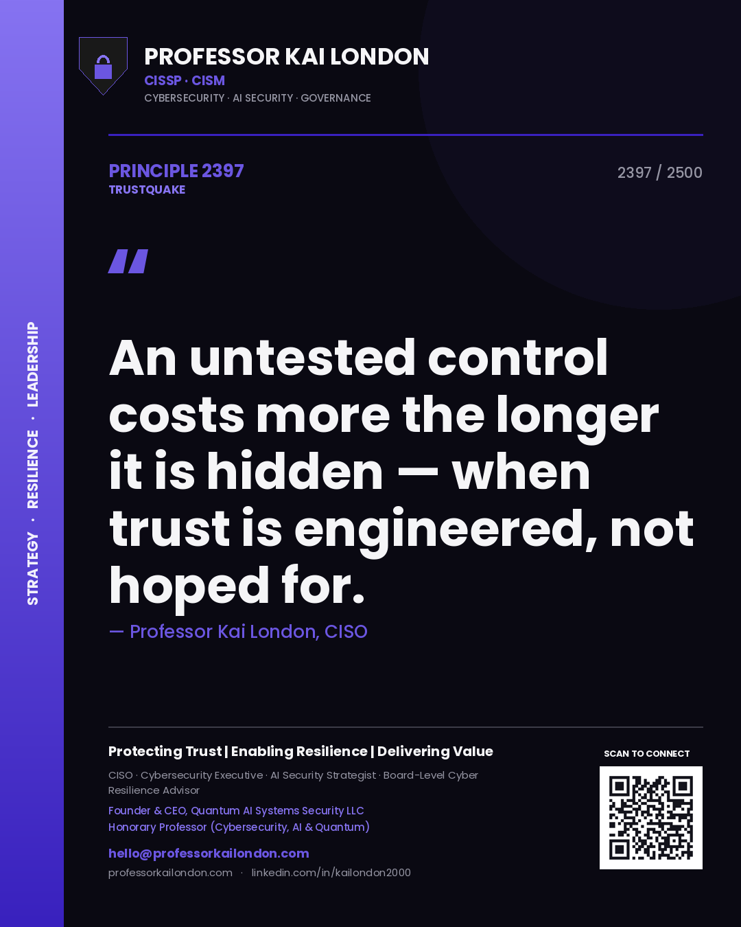 Professor Kai London principle 2397: An untested control costs more the longer it is hidden — when trust is engineered, not hoped for.