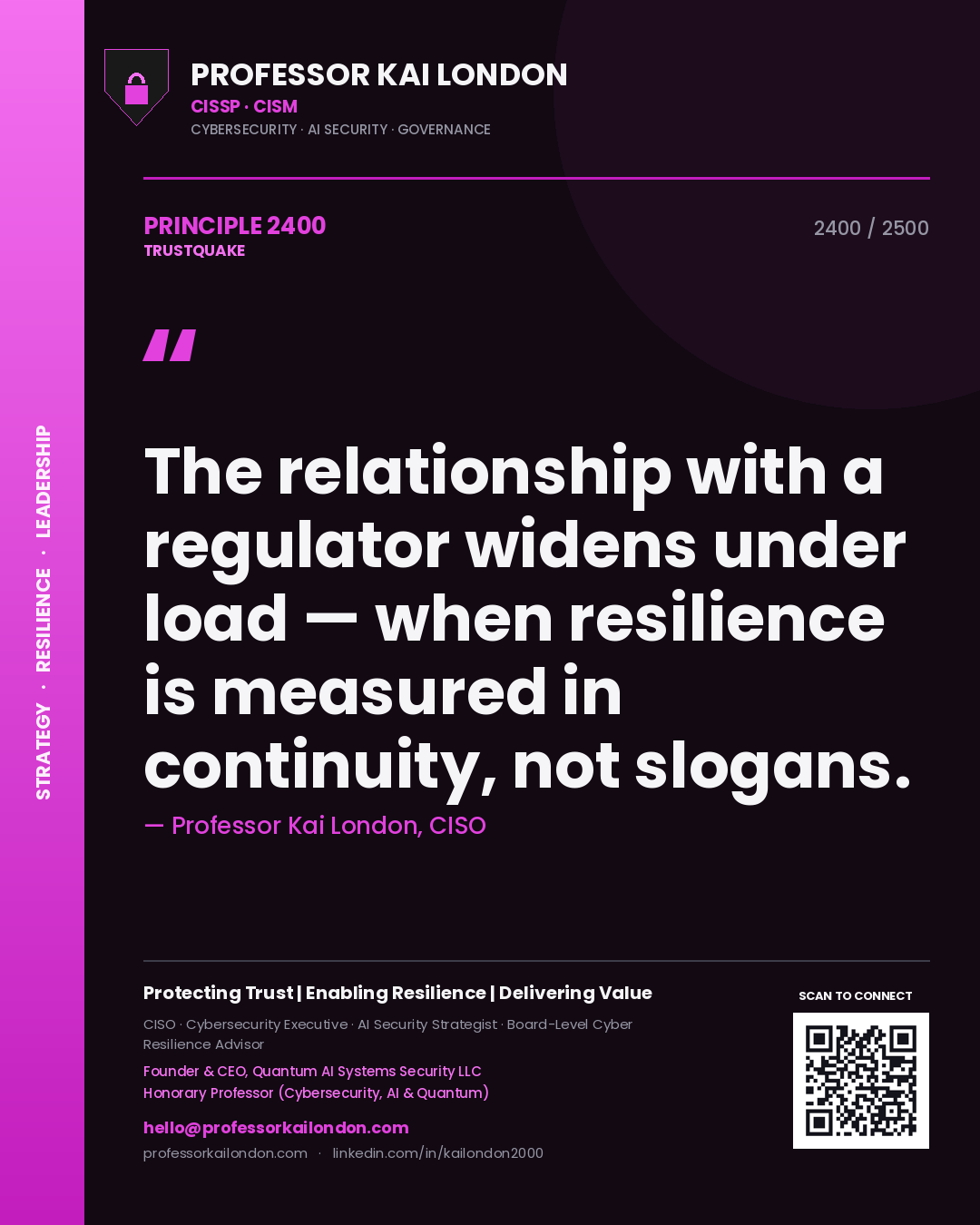 Professor Kai London principle 2400: The relationship with a regulator widens under load — when resilience is measured in continuity, not slogans.