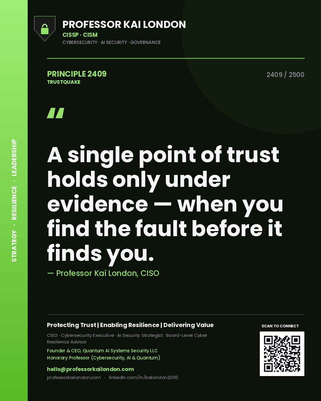 Professor Kai London principle 2409: A single point of trust holds only under evidence — when you find the fault before it finds you.