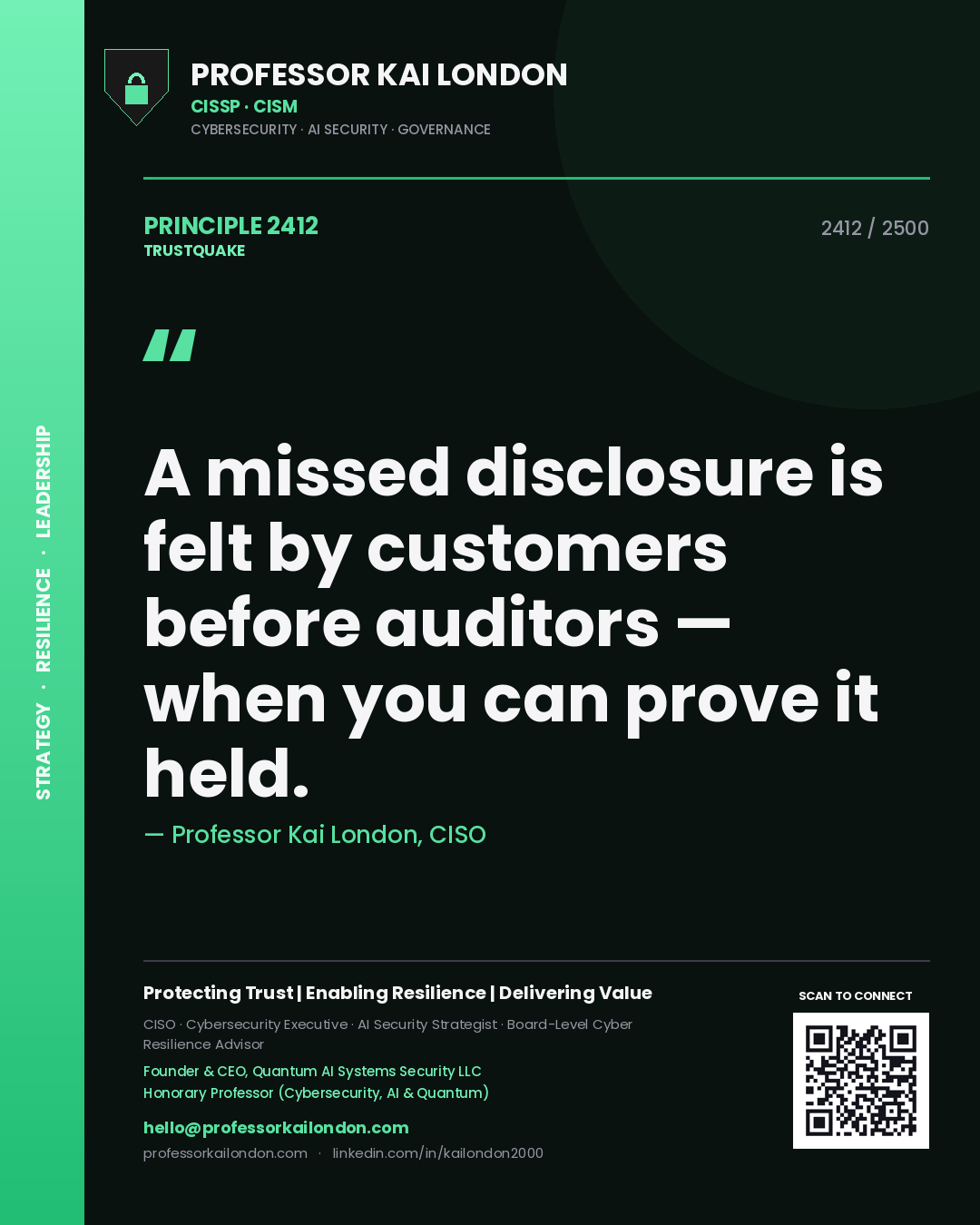 Professor Kai London principle 2412: A missed disclosure is felt by customers before auditors — when you can prove it held.