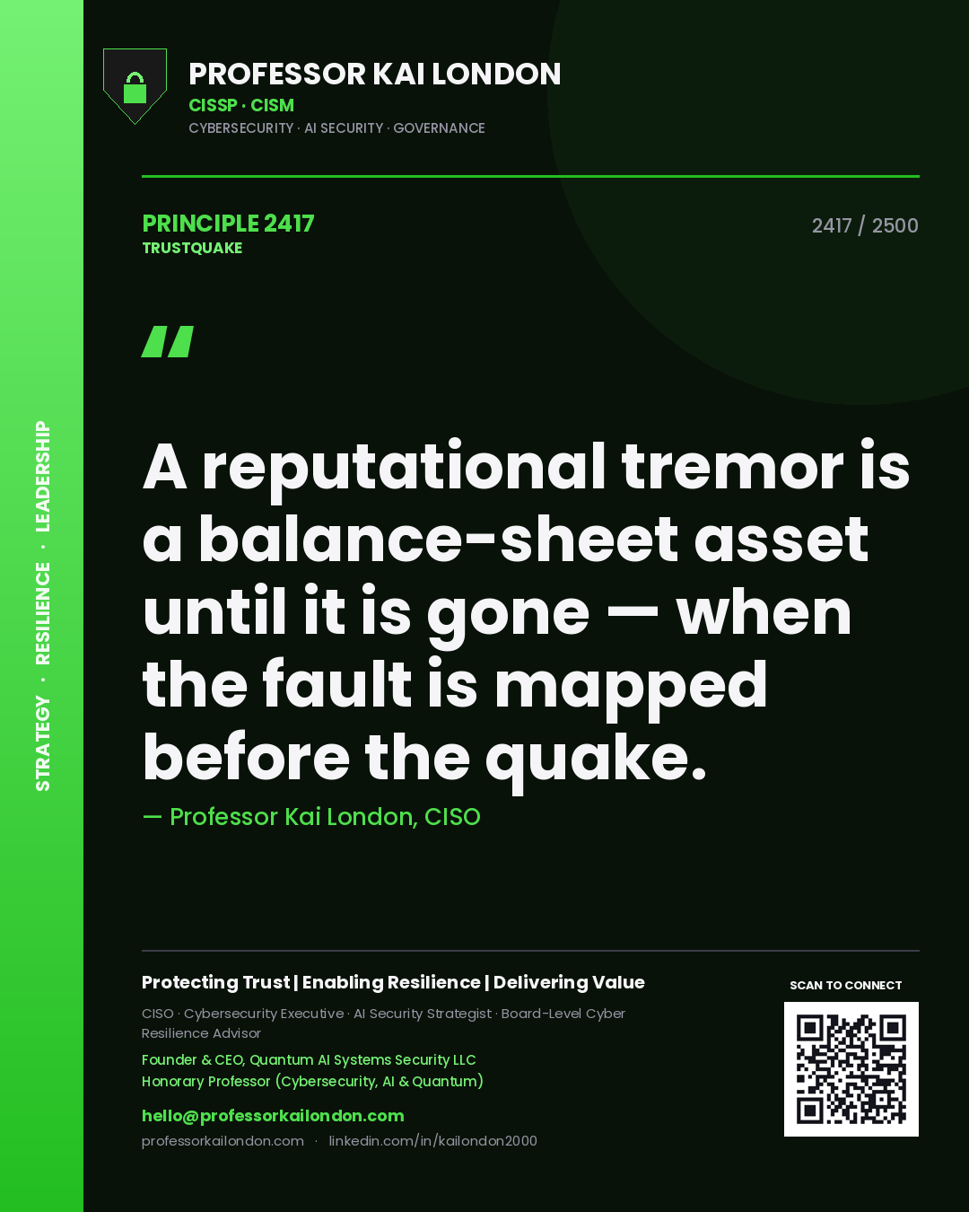 Professor Kai London principle 2417: A reputational tremor is a balance-sheet asset until it is gone — when the fault is mapped before the quake.
