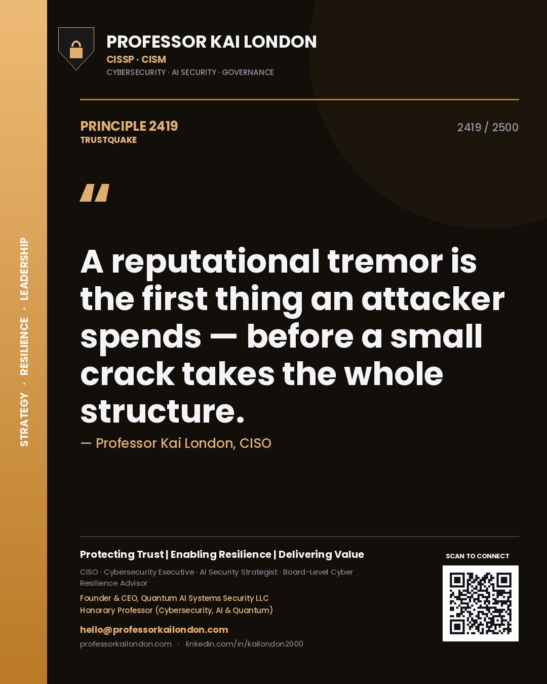 Professor Kai London principle 2419: A reputational tremor is the first thing an attacker spends — before a small crack takes the whole structure.