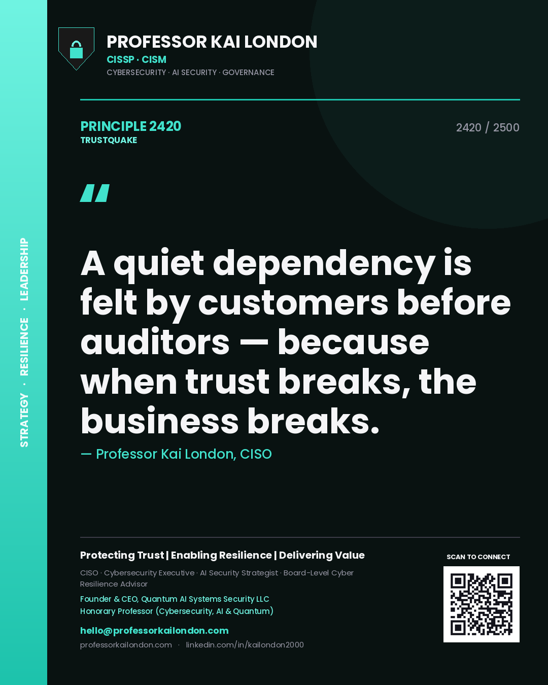 Professor Kai London principle 2420: A quiet dependency is felt by customers before auditors — because when trust breaks, the business breaks.
