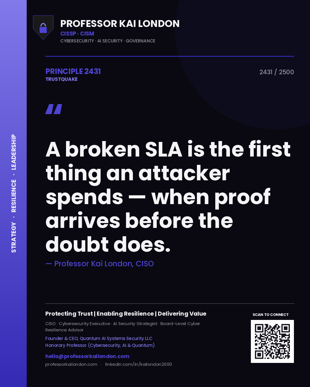 Professor Kai London principle 2431: A broken SLA is the first thing an attacker spends — when proof arrives before the doubt does.
