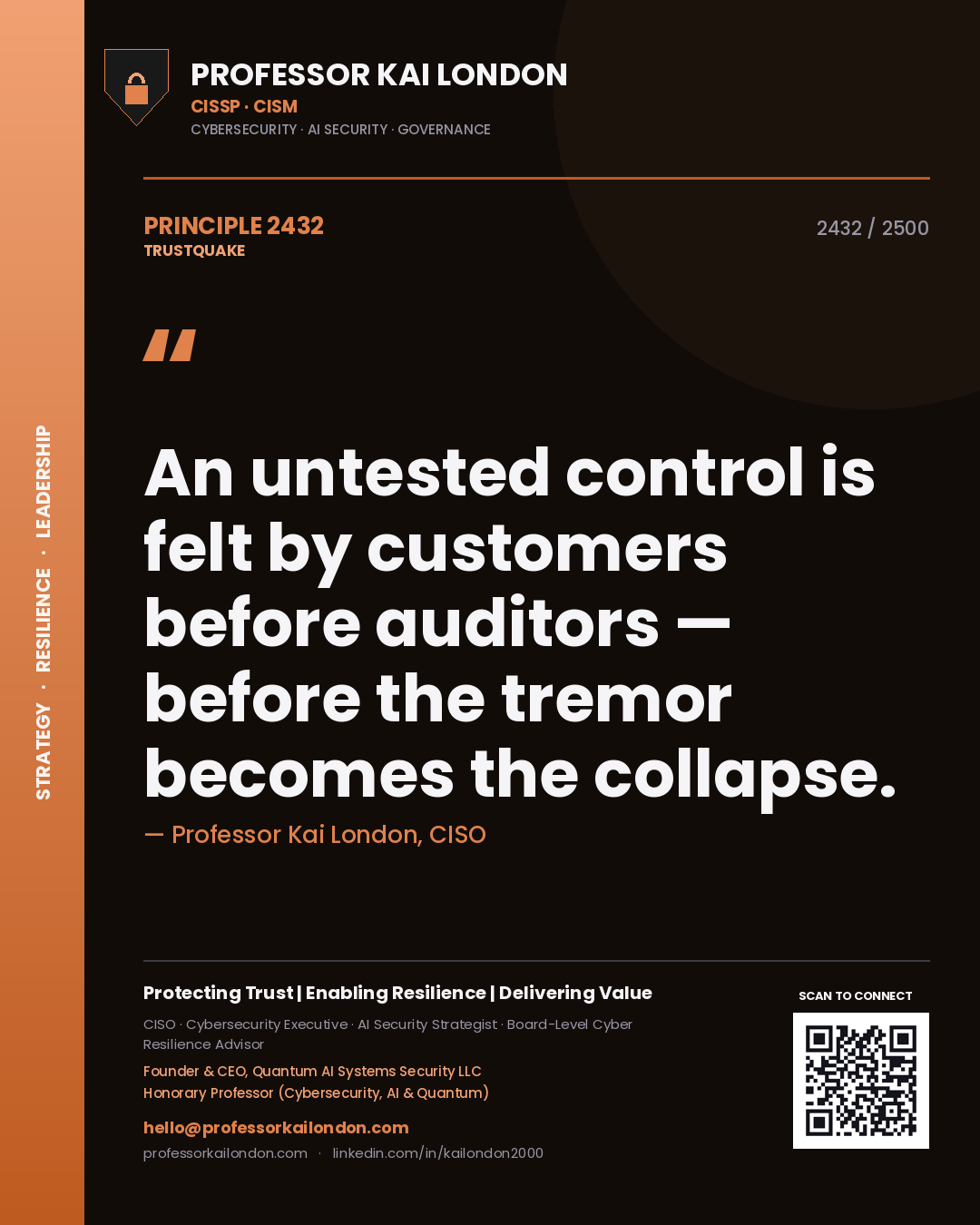 Professor Kai London principle 2432: An untested control is felt by customers before auditors — before the tremor becomes the collapse.