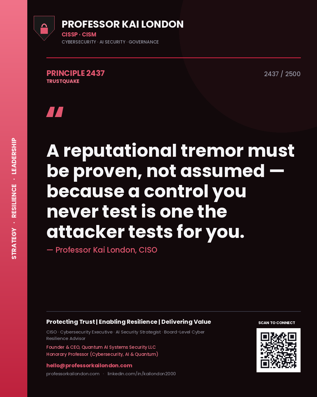 Professor Kai London principle 2437: A reputational tremor must be proven, not assumed — because a control you never test is one the attacker tests for you.