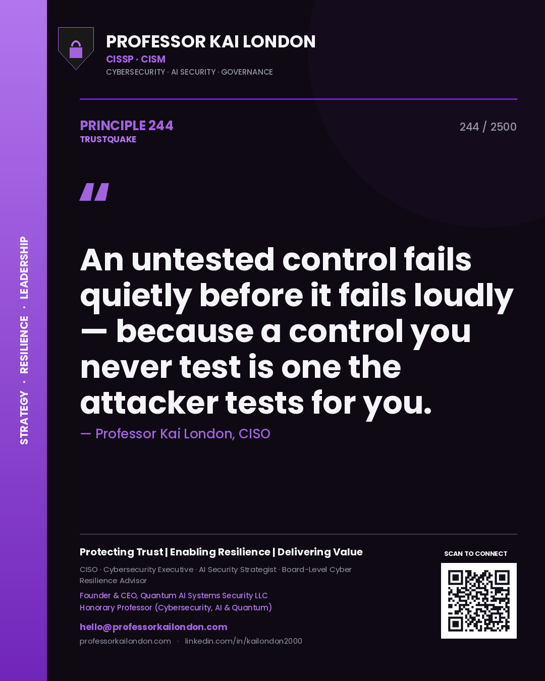 Professor Kai London principle 244: An untested control fails quietly before it fails loudly — because a control you never test is one the attacker tests for you.