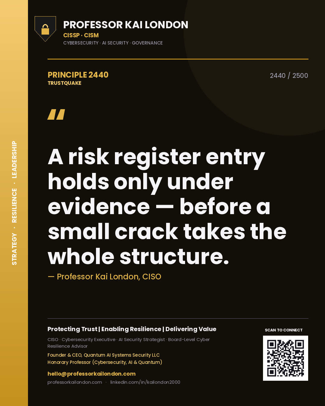 Professor Kai London principle 2440: A risk register entry holds only under evidence — before a small crack takes the whole structure.