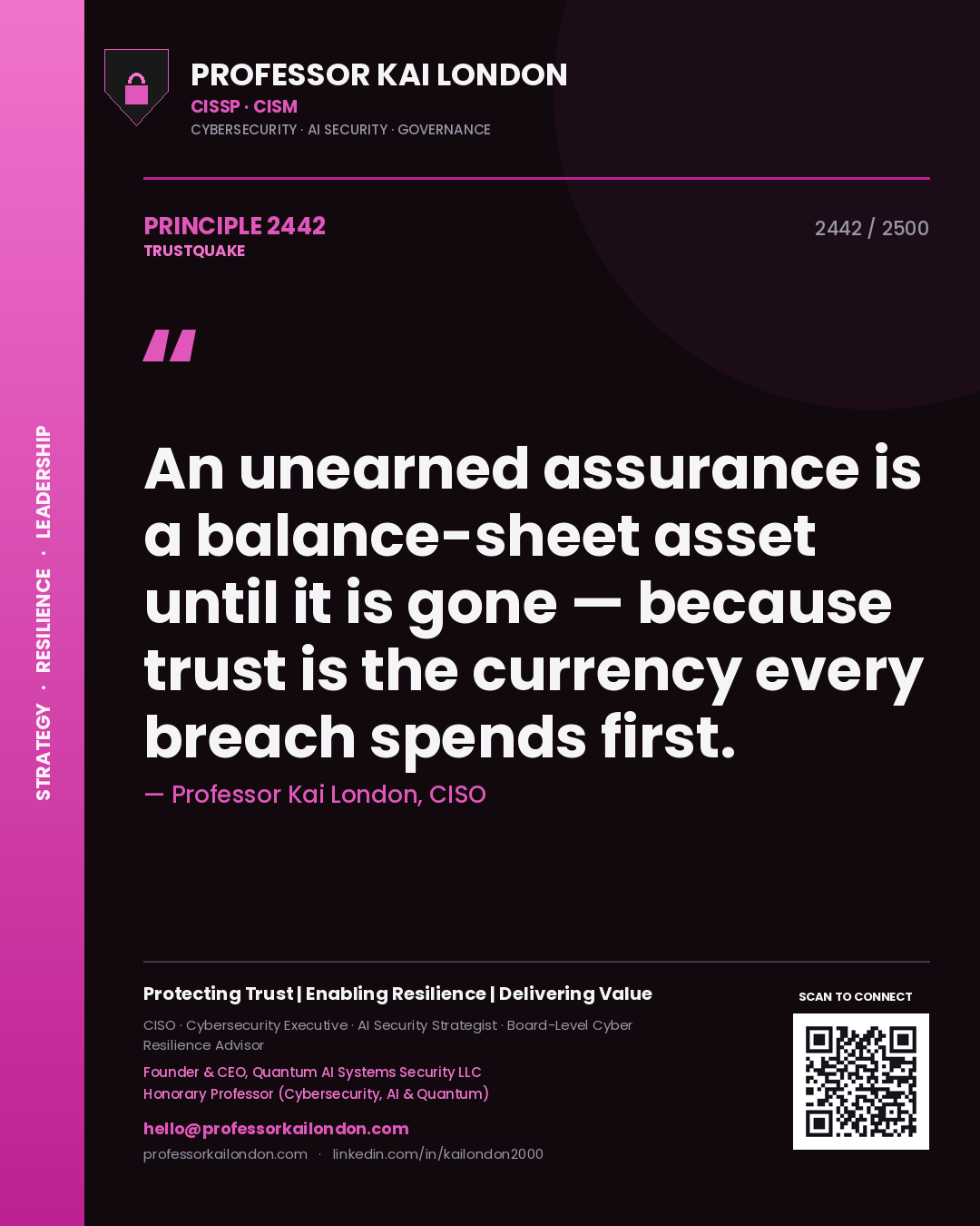 Professor Kai London principle 2442: An unearned assurance is a balance-sheet asset until it is gone — because trust is the currency every breach spends first.