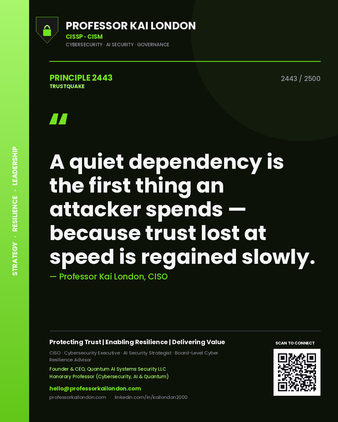 Professor Kai London principle 2443: A quiet dependency is the first thing an attacker spends — because trust lost at speed is regained slowly.