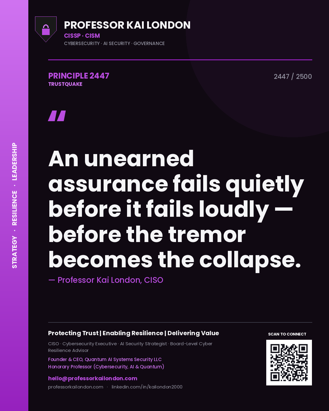 Professor Kai London principle 2447: An unearned assurance fails quietly before it fails loudly — before the tremor becomes the collapse.
